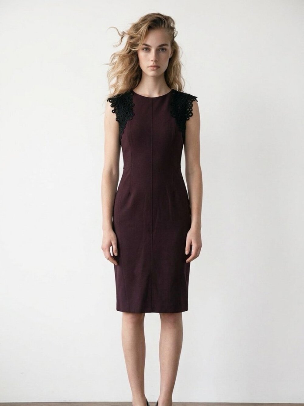 NWT Akris Punto Plum Sheath Dress Black Lace Trim Sz 4